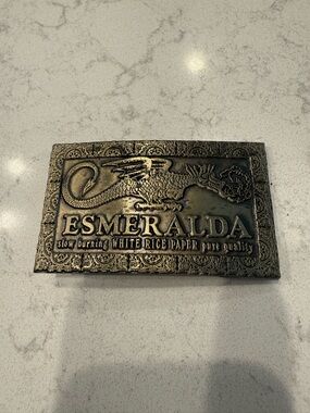 Vintage Emeralda brass belt buckle by Lewis Buckle Co.